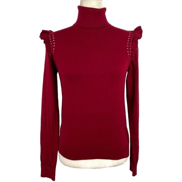 KATE SPADE New York Burgundy Ruffle Trim Cotton Cashmere Turtleneck Sweater XS - Picture 2 of 14